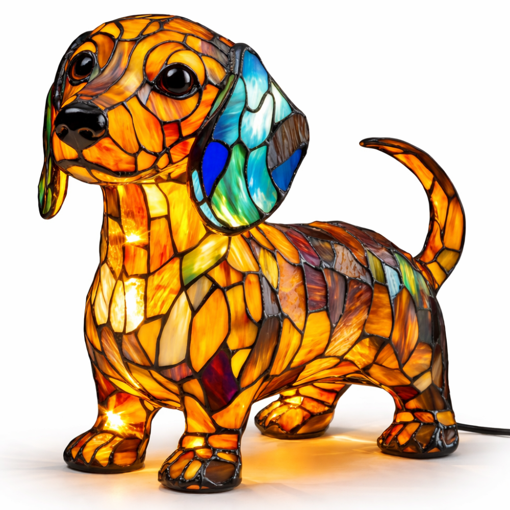 Stained Glass Dog Lamp LED Table Night Light Bedroom Desk
