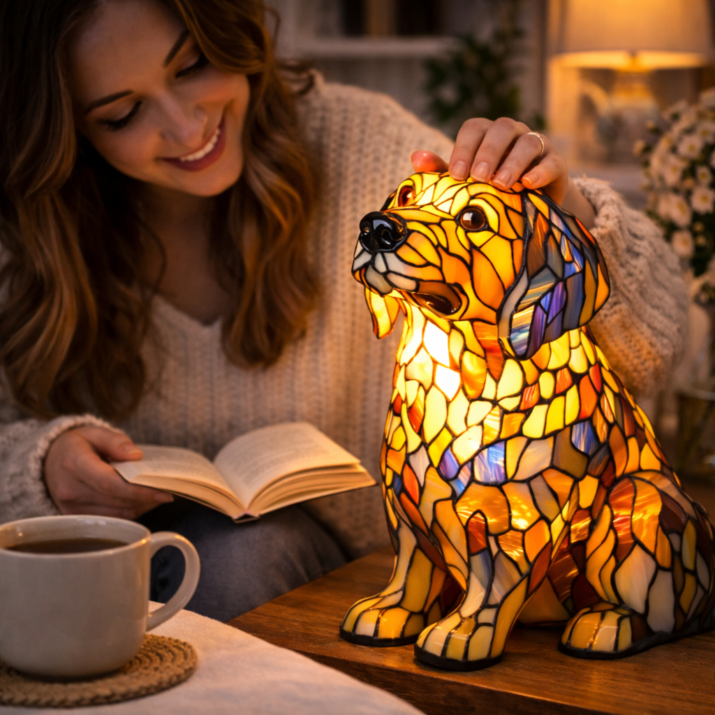 Colorful Dog Table Lamp Stained Glass LED Night Light Bedroom