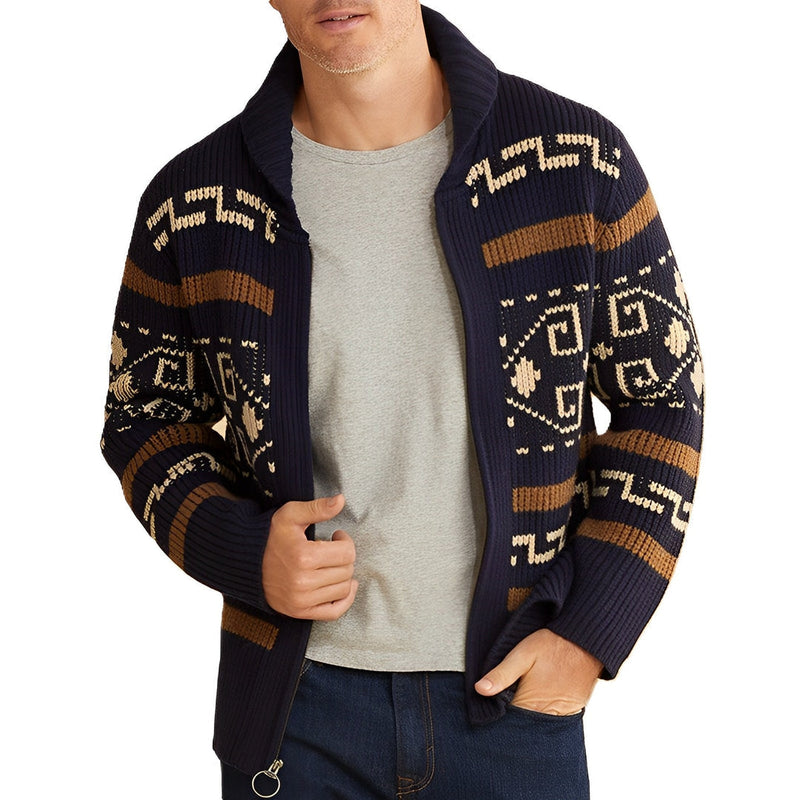 Men's Tribal Knit Shawl Collar Zip-Up Cardigan - Cozy Stylish Design for Ultimate Comfort & Warmth