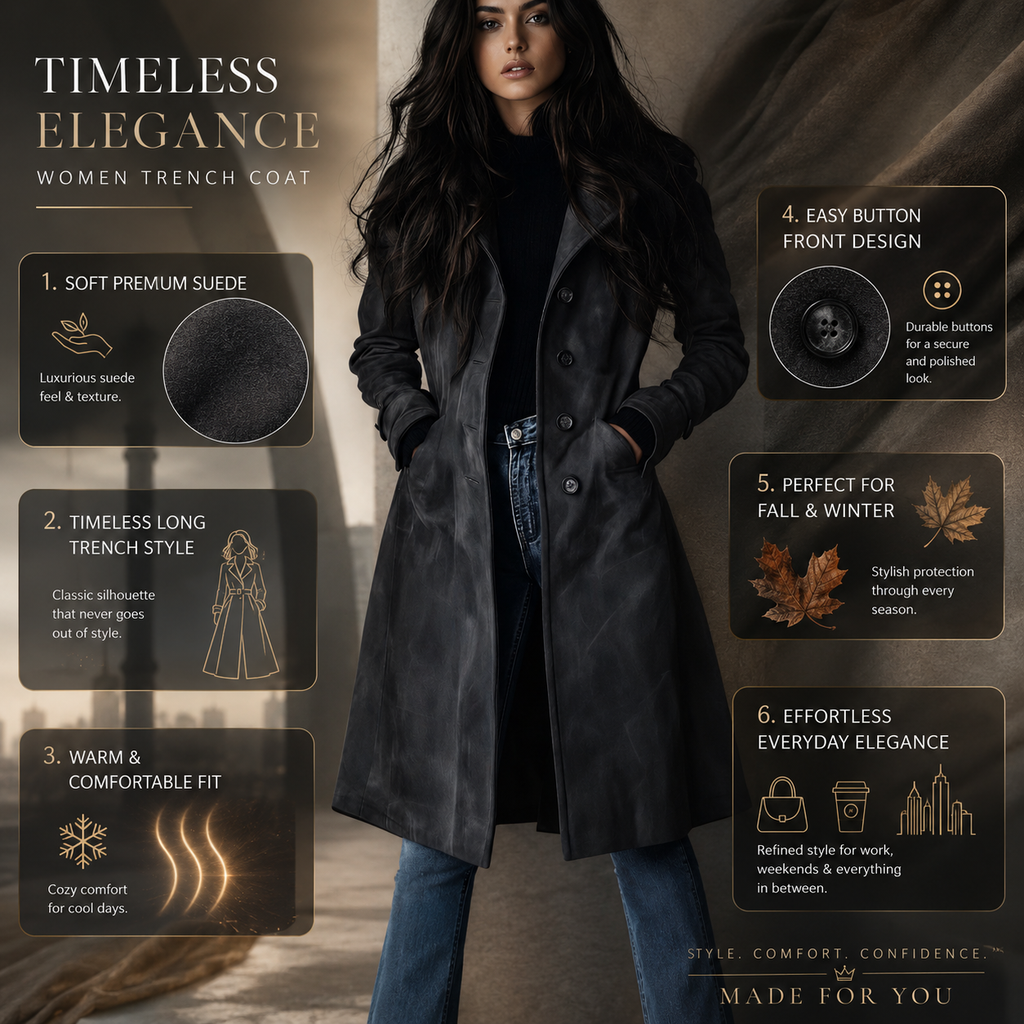 Women Trench Coat Suede Long Button Front Fall Outerwear