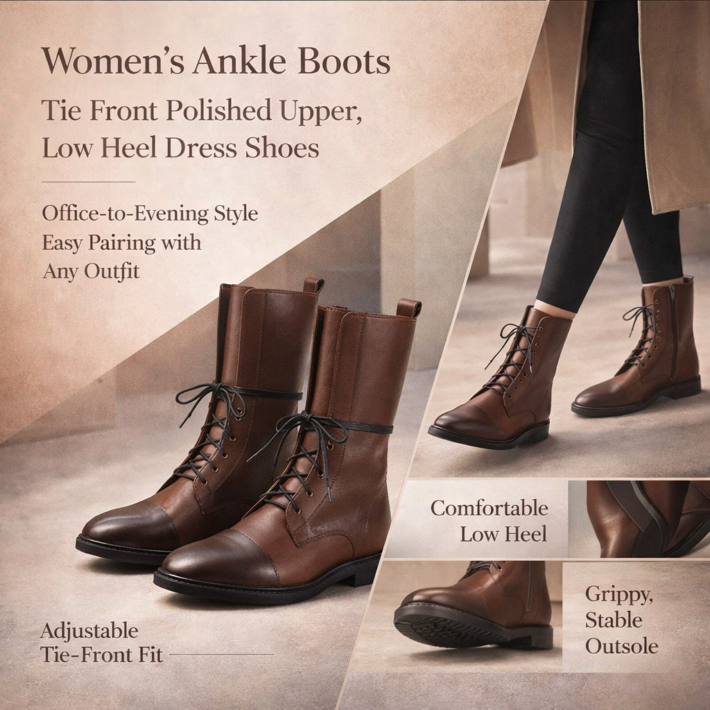 Women Ankle Boots Lace Up Leather Dress Booties