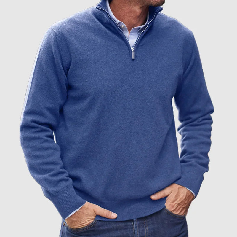 Men's Stylish Half-Zip Knit Jumper with Stand Collar & Ribbed Cuffs - Comfortable Casual Sweater for Everyday Wear
