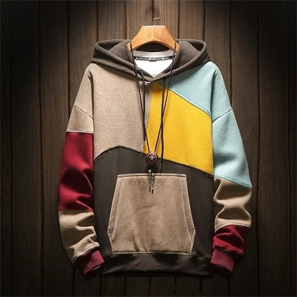 Men's Stylish Geometric Colorblock Hoodie with Kangaroo Pocket | Casual Sweatshirt for Everyday Comfort