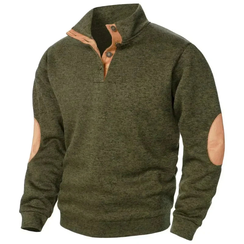 Men's Stylish Knit Jumper with Stand Collar & Elbow Patches - Casual Button Neck Sweater for Everyday Wear