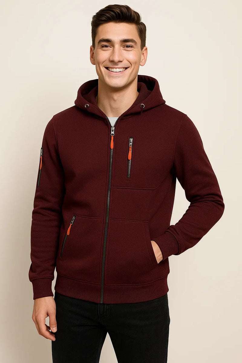 Men's Stylish Zip Hoodie with Multiple Pockets & Contrast Zipper - Comfortable & Versatile Everyday Outerwear