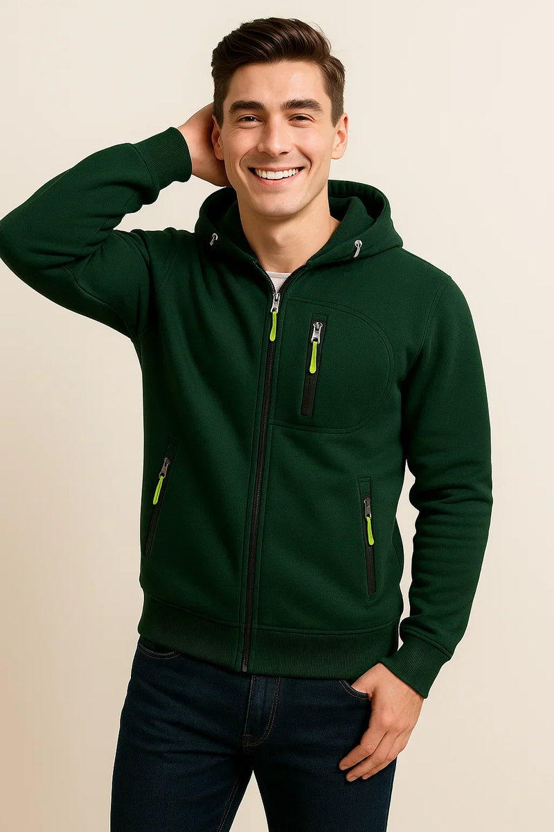 Men's Stylish Zip Hoodie with Multiple Pockets & Contrast Zipper - Comfortable & Versatile Everyday Outerwear