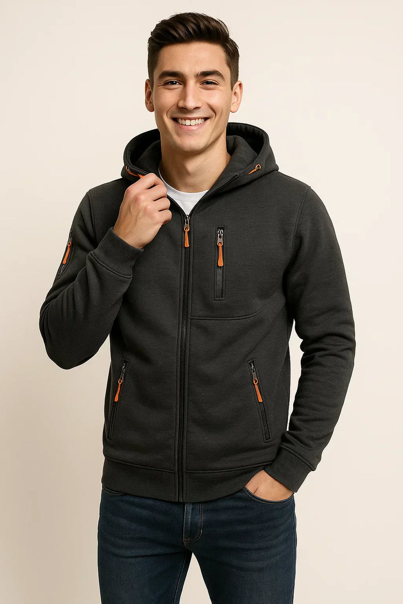 Men's Stylish Zip Hoodie with Multiple Pockets & Contrast Zipper - Comfortable & Versatile Everyday Outerwear