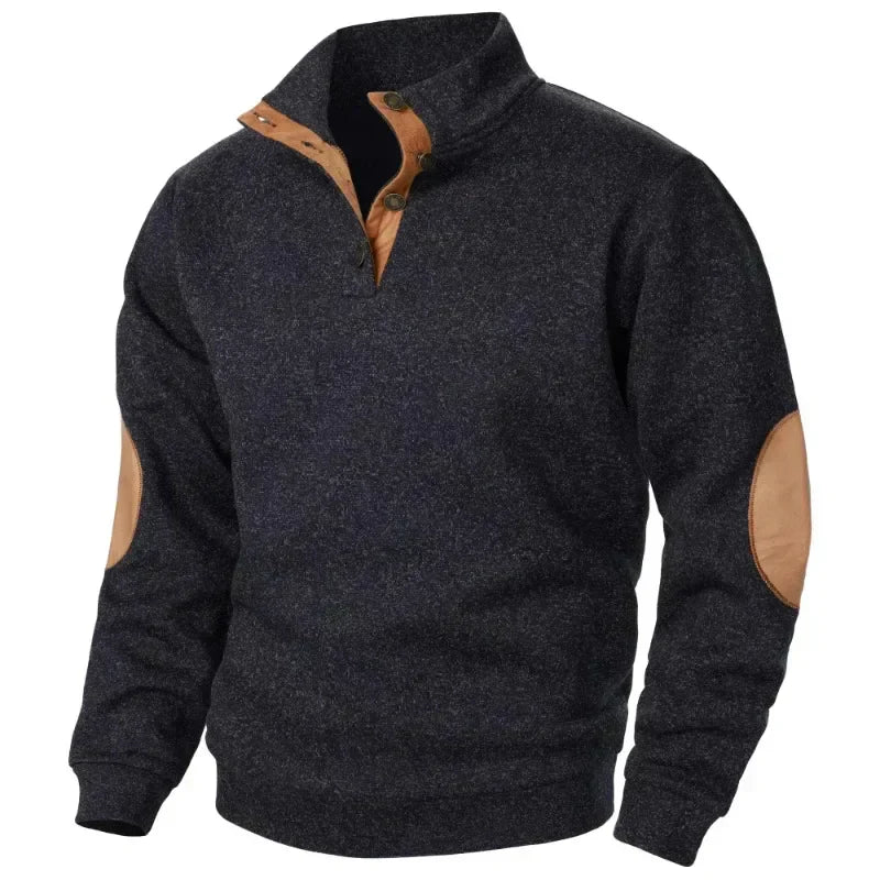 Men's Stylish Knit Jumper with Stand Collar & Elbow Patches - Casual Button Neck Sweater for Everyday Wear