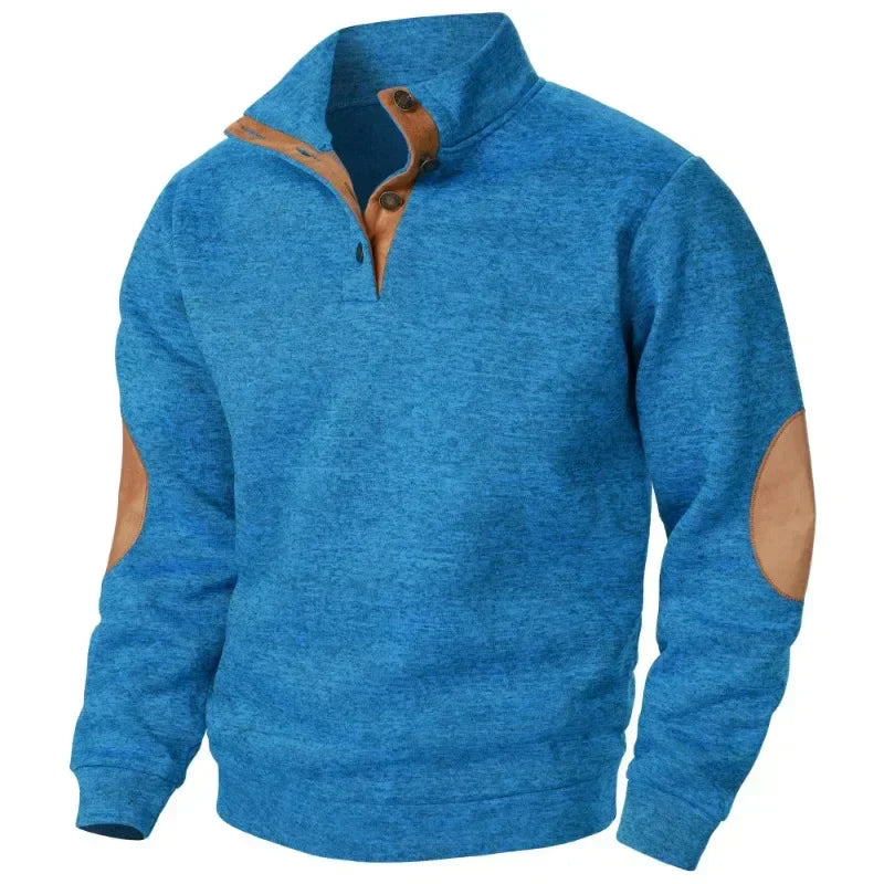 Men's Stylish Knit Jumper with Stand Collar & Elbow Patches - Casual Button Neck Sweater for Everyday Wear