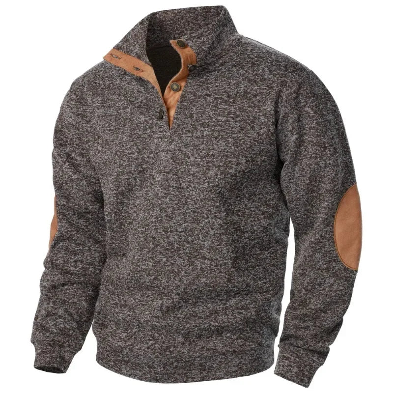 Men's Stylish Knit Jumper with Stand Collar & Elbow Patches - Casual Button Neck Sweater for Everyday Wear