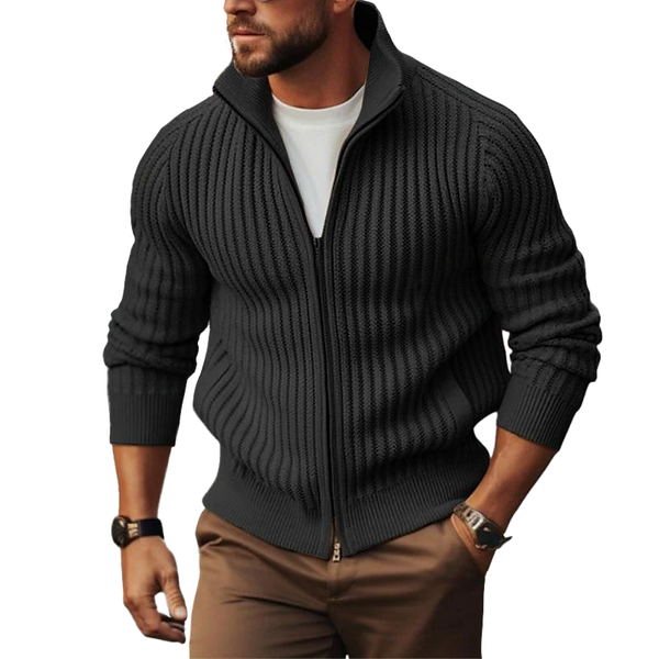 Men's Stylish Fitted Ribbed Zip-Up Cardigan with Stand Collar - Comfortable Knitwear for Casual & Smart Looks