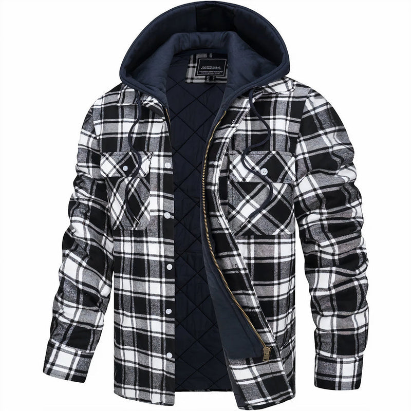 Men's Quilted Plaid Hooded Bomber Jacket - Stylish & Warm Fall/Winter Outerwear for Men