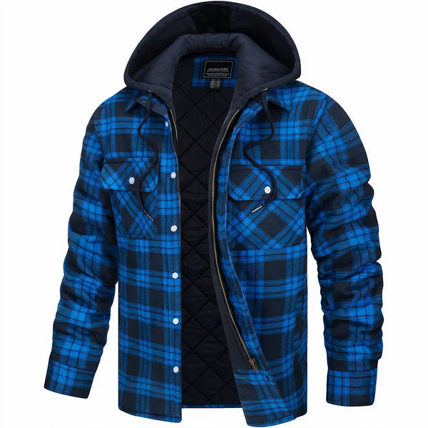 Men's Quilted Plaid Hooded Bomber Jacket - Stylish & Warm Fall/Winter Outerwear for Men