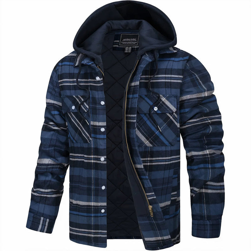 Men's Quilted Plaid Hooded Bomber Jacket - Stylish & Warm Fall/Winter Outerwear for Men