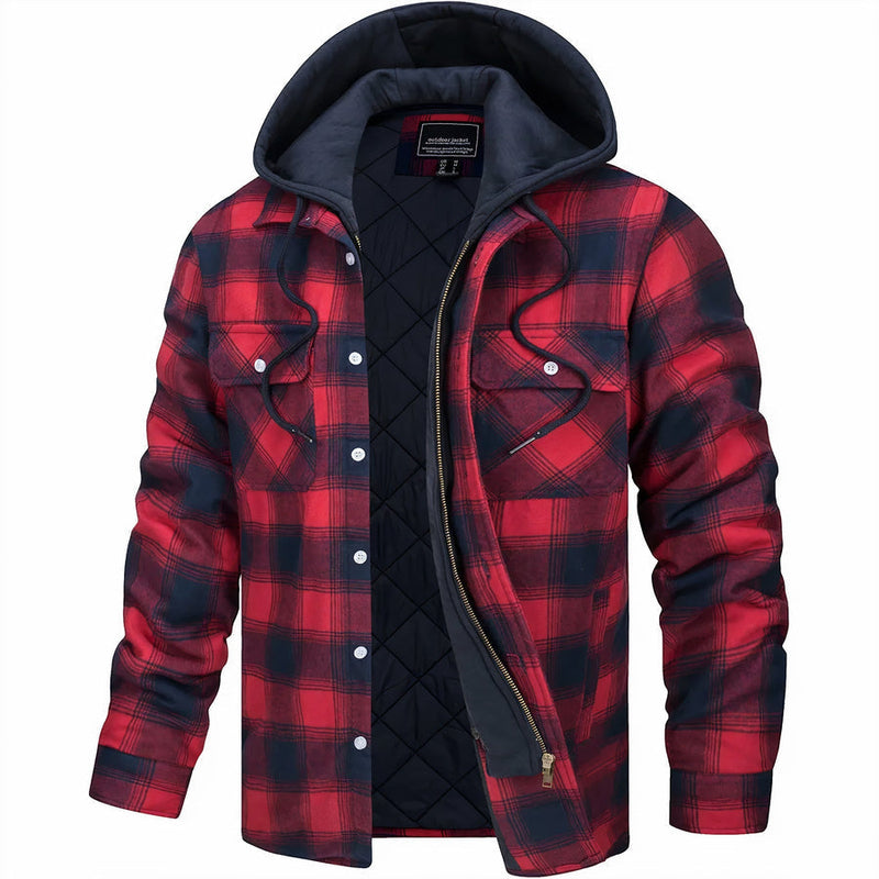 Men's Quilted Plaid Hooded Bomber Jacket - Stylish & Warm Fall/Winter Outerwear for Men