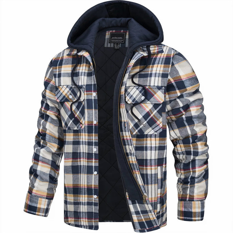 Men's Quilted Plaid Hooded Bomber Jacket - Stylish & Warm Fall/Winter Outerwear for Men