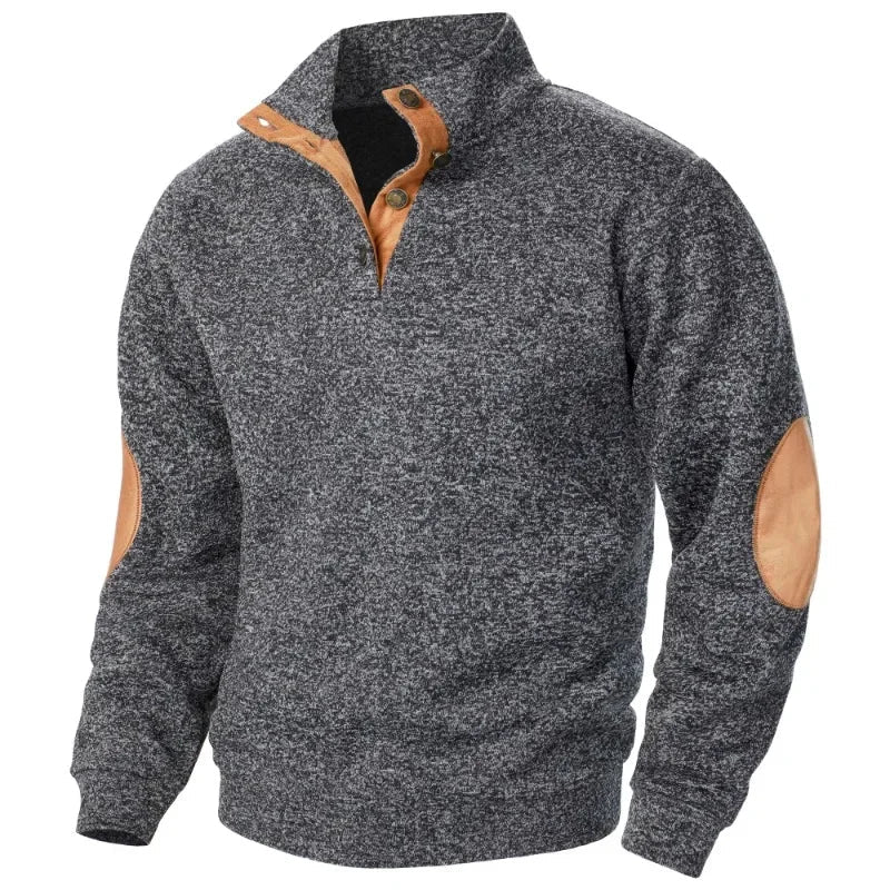 Men's Stylish Knit Jumper with Stand Collar & Elbow Patches - Casual Button Neck Sweater for Everyday Wear