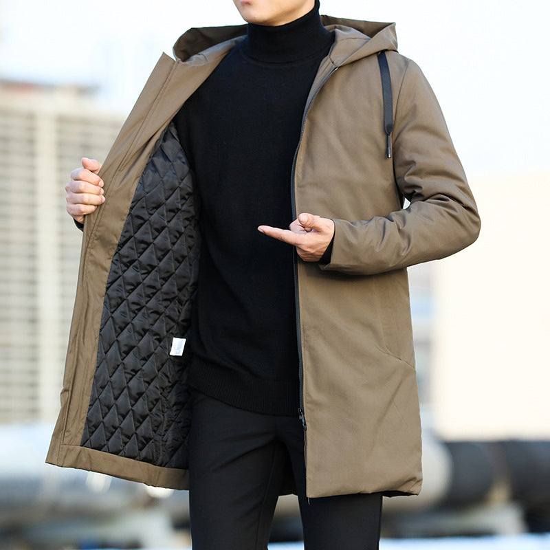 Men's Stylish Mid-Length Quilted Hooded Coat with Zip Closure - Ideal Winter Outerwear for Fashionable Comfort
