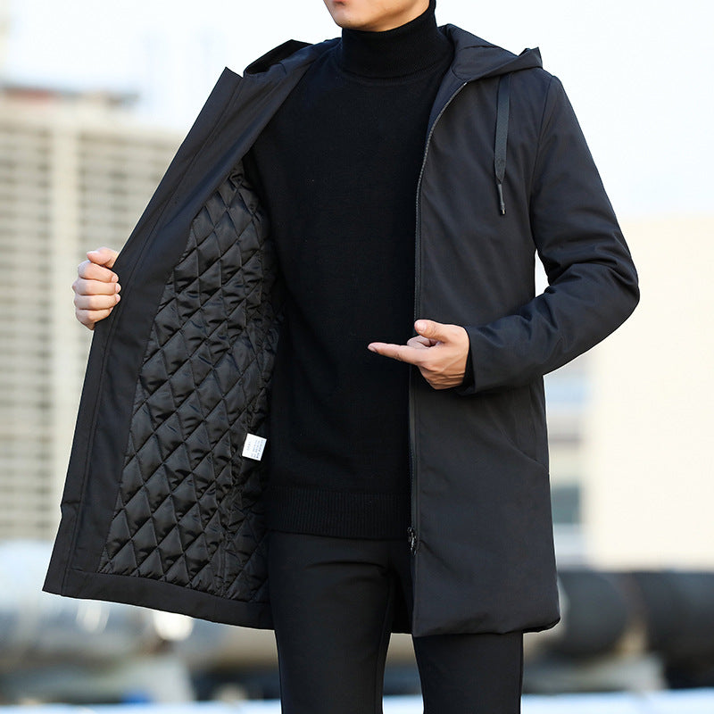 Men's Stylish Mid-Length Quilted Hooded Coat with Zip Closure - Ideal Winter Outerwear for Fashionable Comfort