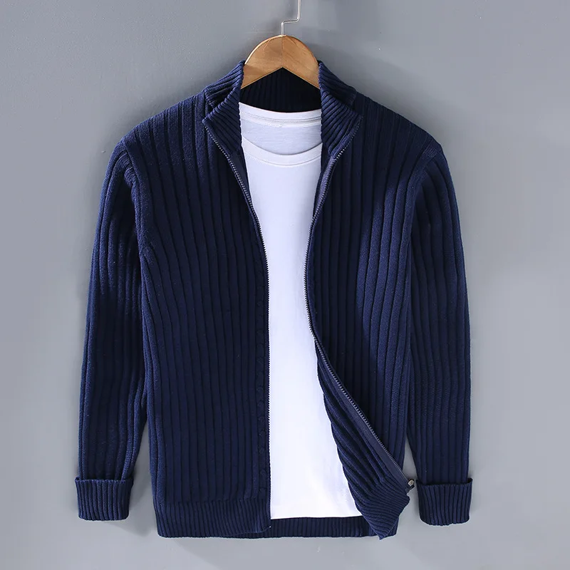 Men's Cozy Ribbed Knit Open Front Cardigan with Fold-Over Collar - Versatile Sweater for Casual Style & Comfort