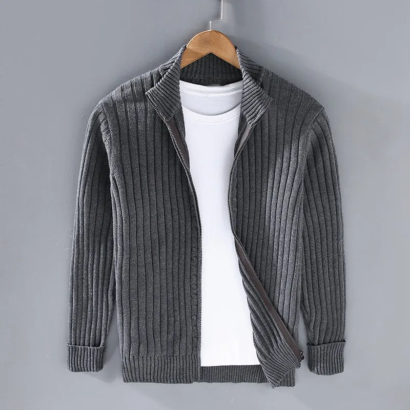 Men's Cozy Ribbed Knit Open Front Cardigan with Fold-Over Collar - Versatile Sweater for Casual Style & Comfort