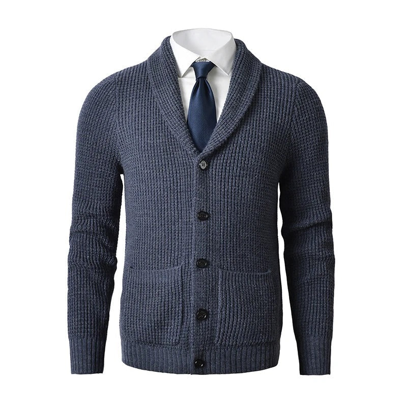 Men's Stylish Shawl Collar Knit Cardigan with Front Pockets - Comfortable Button-Up Sweater for Everyday Wear