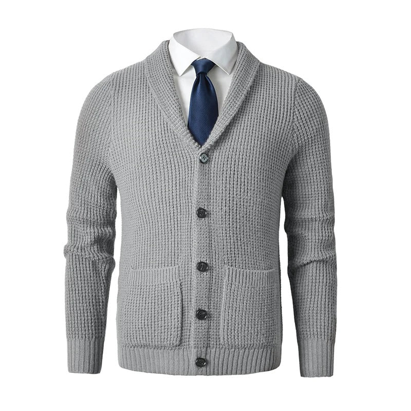 Men's Stylish Shawl Collar Knit Cardigan with Front Pockets - Comfortable Button-Up Sweater for Everyday Wear