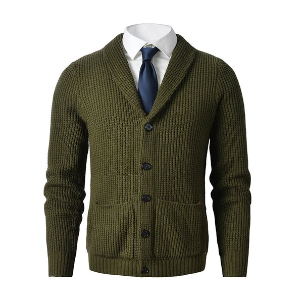 Men's Stylish Shawl Collar Knit Cardigan with Front Pockets - Comfortable Button-Up Sweater for Everyday Wear