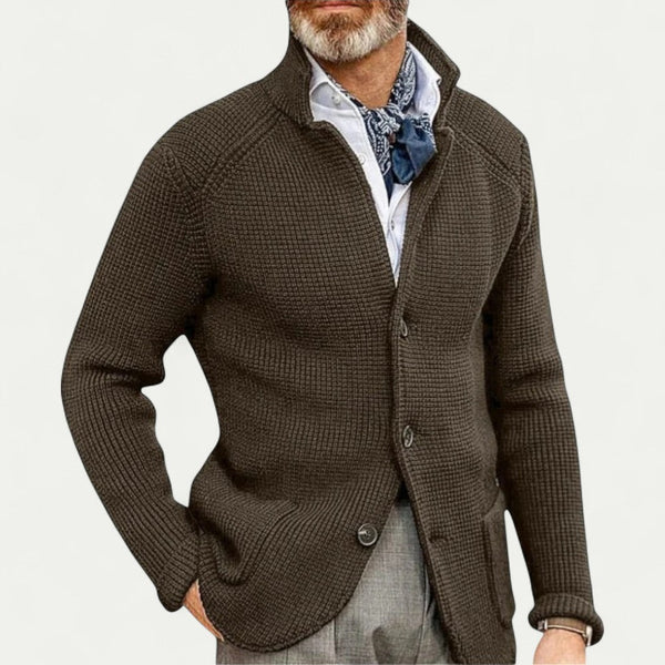 Men's Stylish Textured Knit Cardigan - Button Front, Stand Collar, Comfortable Sweater for Casual Wear