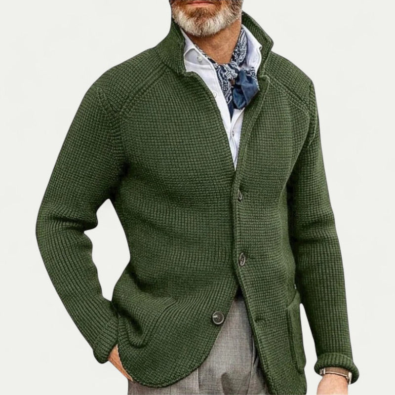 Men's Stylish Textured Knit Cardigan - Button Front, Stand Collar, Comfortable Sweater for Casual Wear