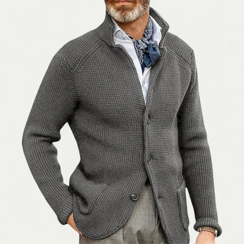 Men's Stylish Textured Knit Cardigan - Button Front, Stand Collar, Comfortable Sweater for Casual Wear