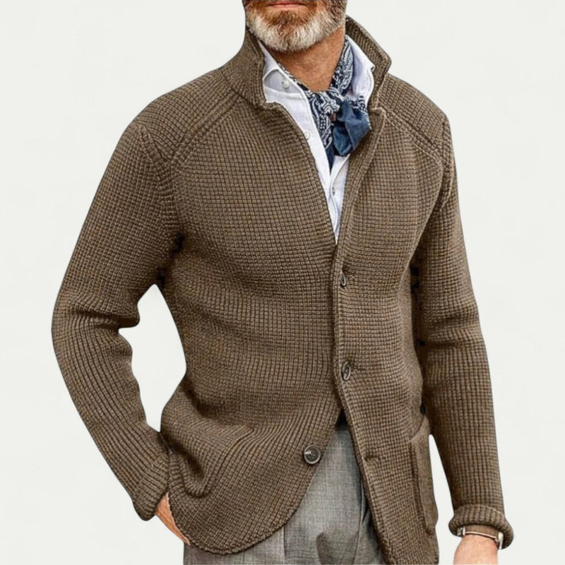 Men's Stylish Textured Knit Cardigan - Button Front, Stand Collar, Comfortable Sweater for Casual Wear