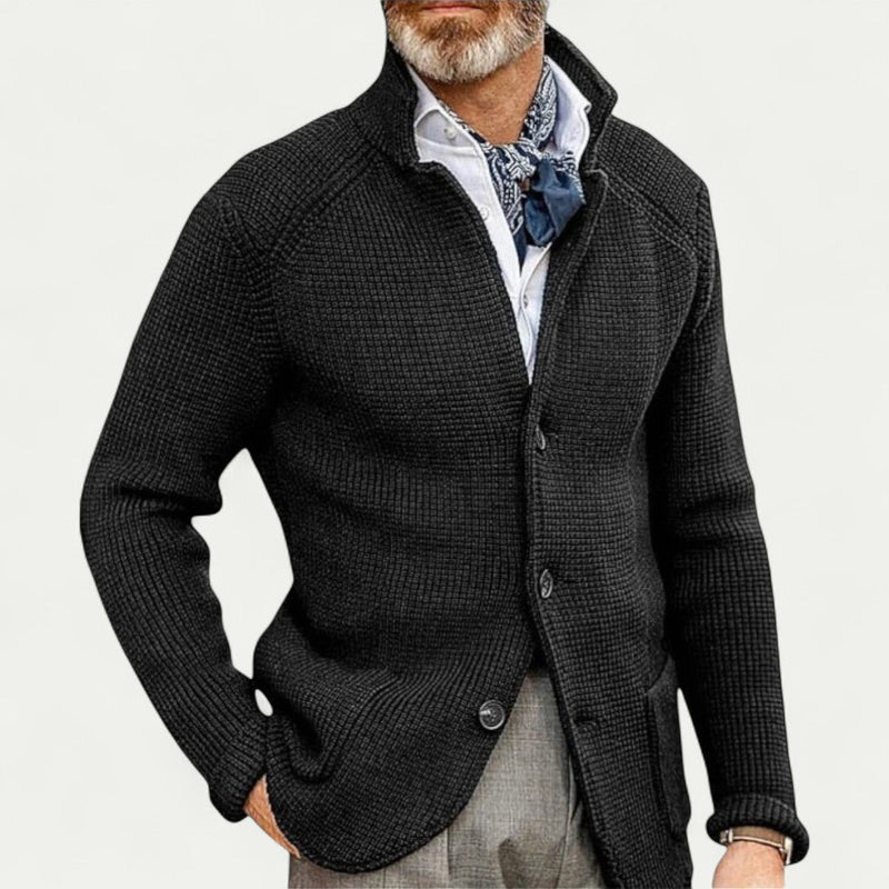 Men's Stylish Textured Knit Cardigan - Button Front, Stand Collar, Comfortable Sweater for Casual Wear