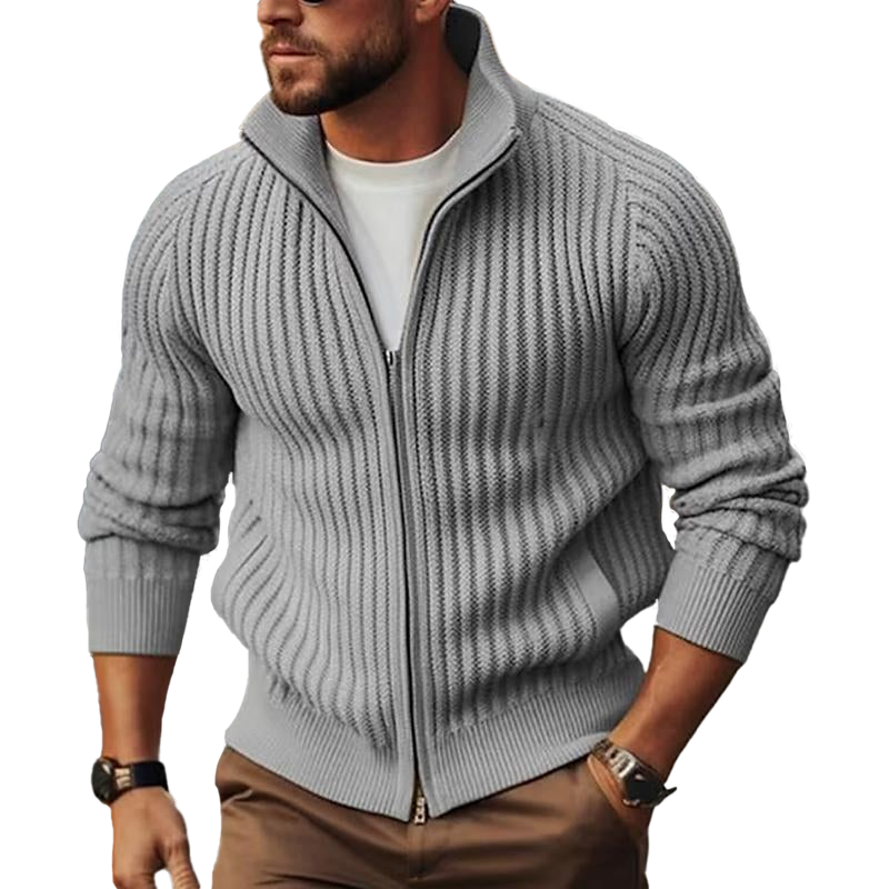 Men's Stylish Fitted Ribbed Zip-Up Cardigan with Stand Collar - Comfortable Knitwear for Casual & Smart Looks