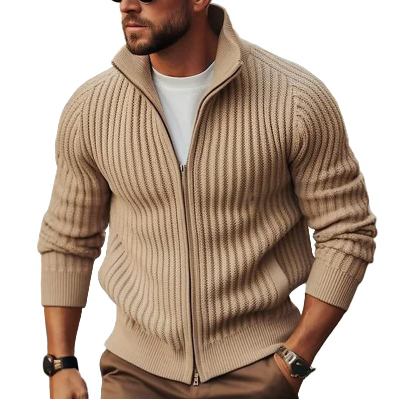 Men's Stylish Fitted Ribbed Zip-Up Cardigan with Stand Collar - Comfortable Knitwear for Casual & Smart Looks