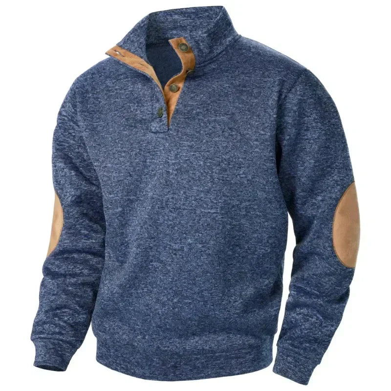 Men's Stylish Knit Jumper with Stand Collar & Elbow Patches - Casual Button Neck Sweater for Everyday Wear