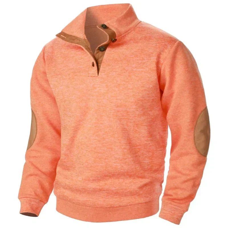 Men's Stylish Knit Jumper with Stand Collar & Elbow Patches - Casual Button Neck Sweater for Everyday Wear