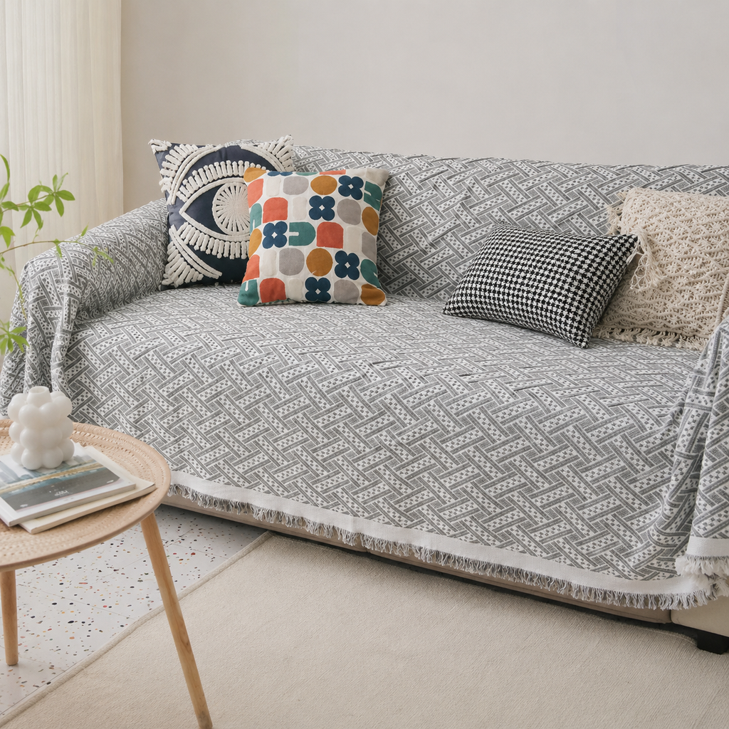 Gray Geometric Woven Sofa Cover