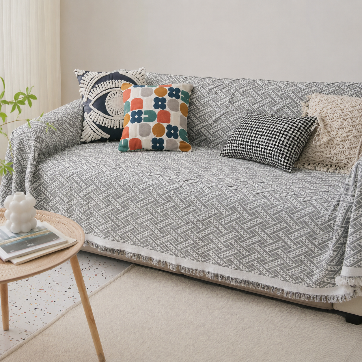 Gray Geometric Woven Sofa Cover