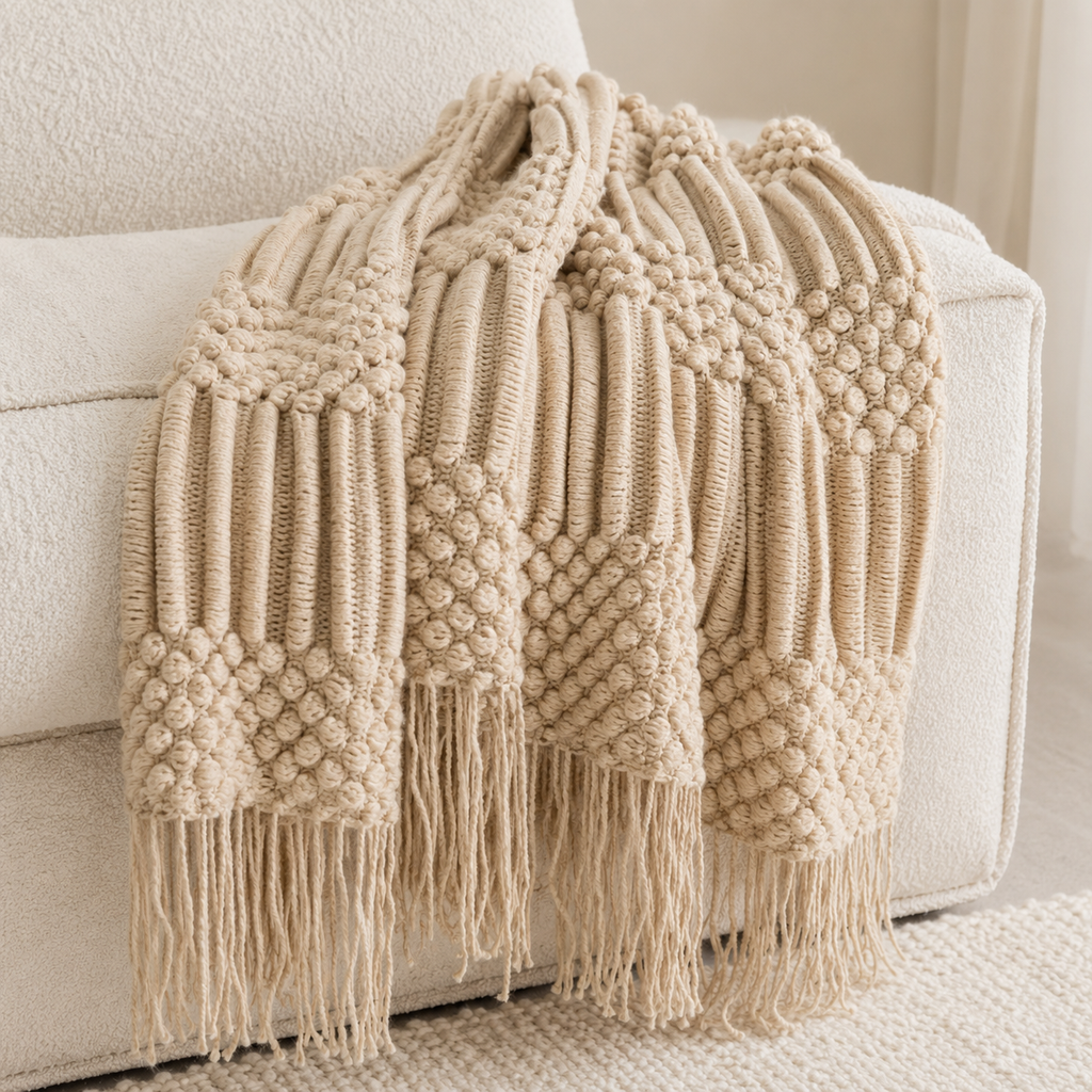 Boho Knit Throw Blanket with Fringe