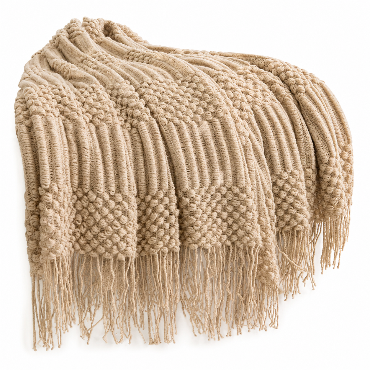 Boho Knit Throw Blanket with Fringe