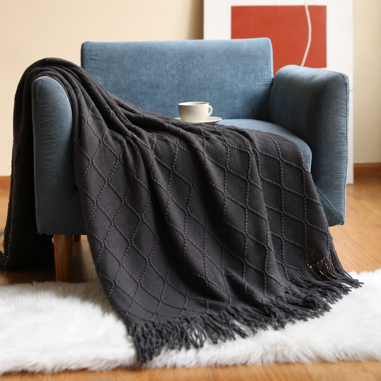 Charcoal Diamond Knit Throw Blanket