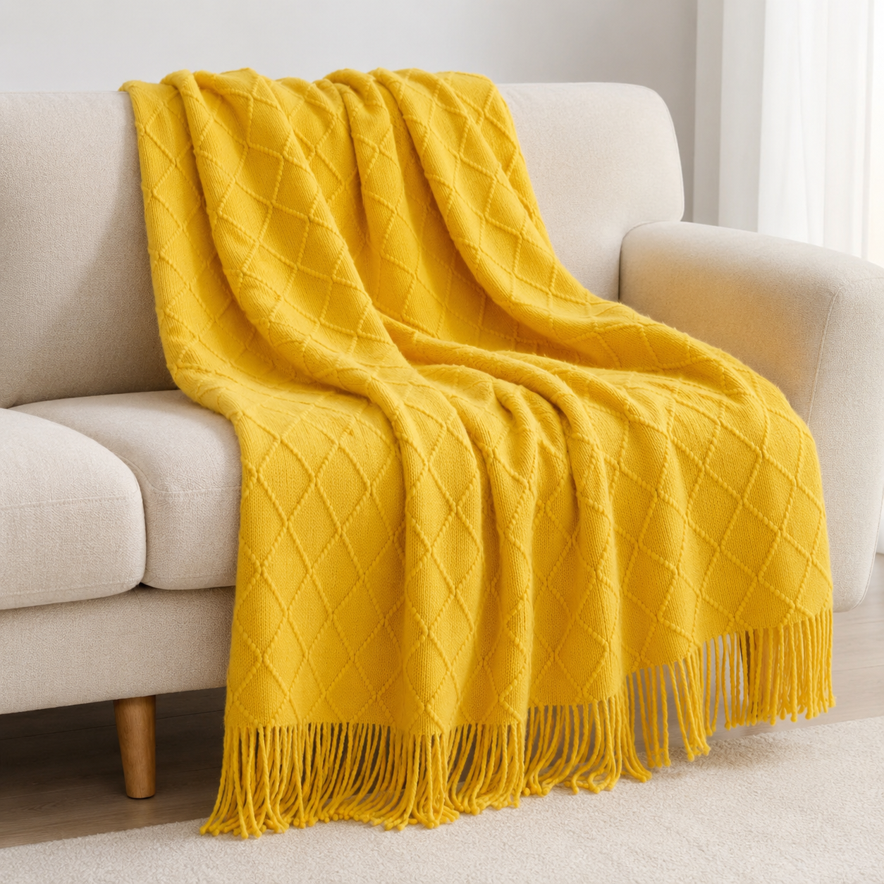 Mustard Diamond Knit Throw Blanket