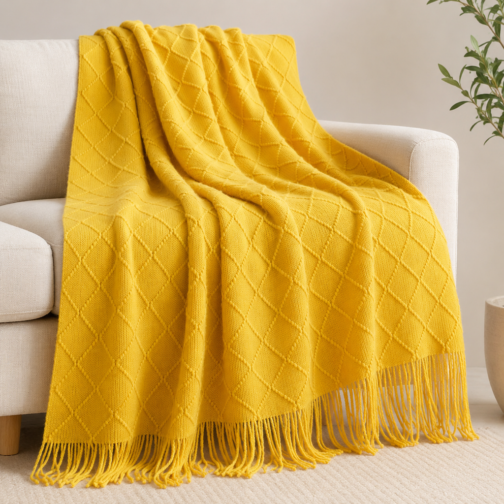 Mustard Diamond Knit Throw Blanket