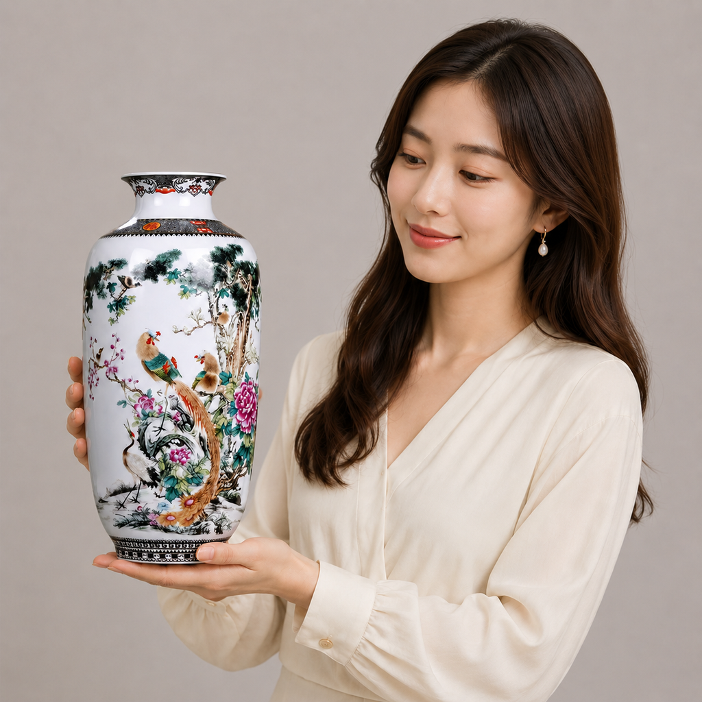 Porcelain Bird Floral Vase - Side