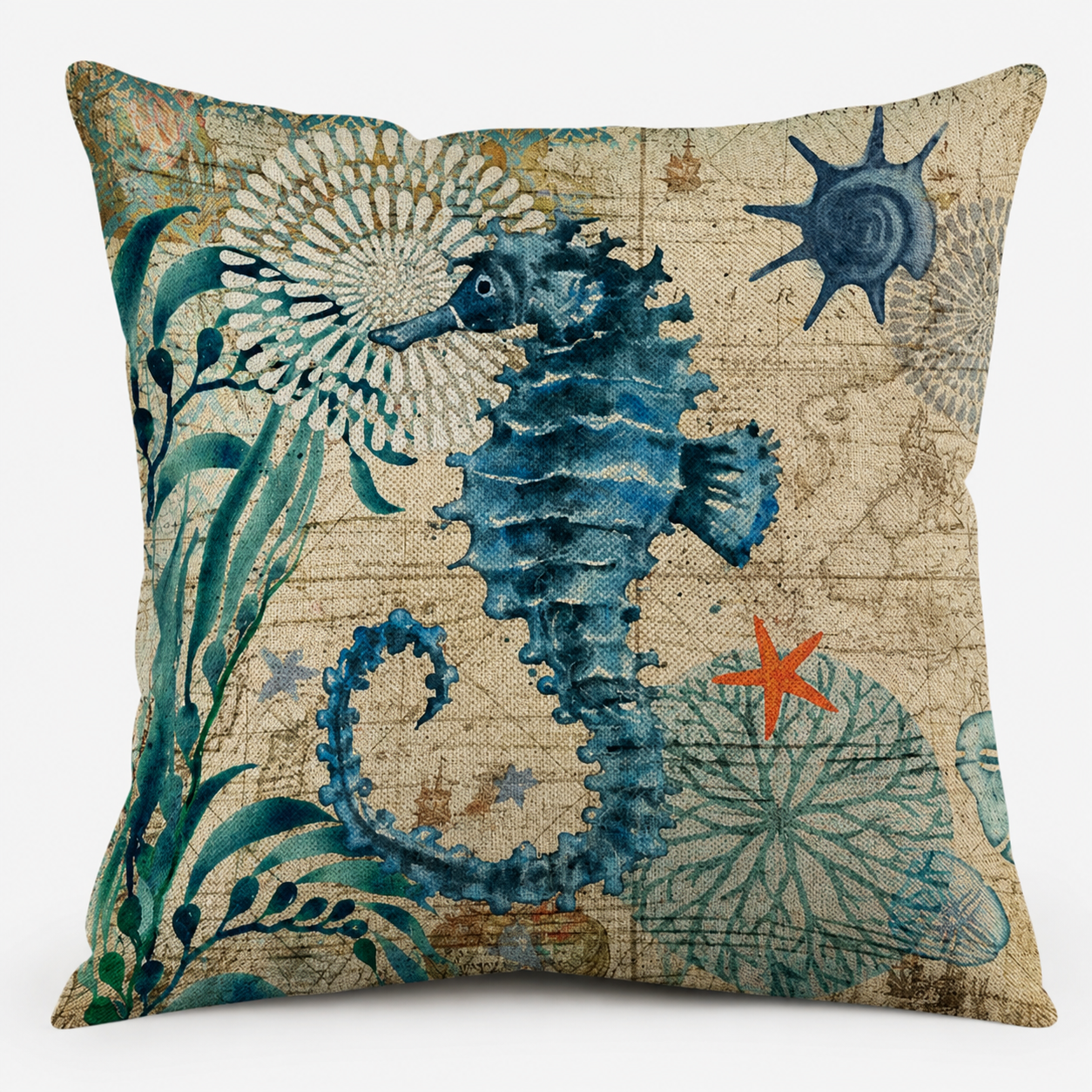 Vintage Seahorse Coastal Pillow Cover