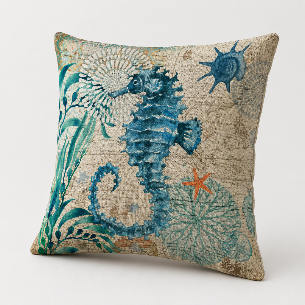 Vintage Seahorse Coastal Pillow Cover