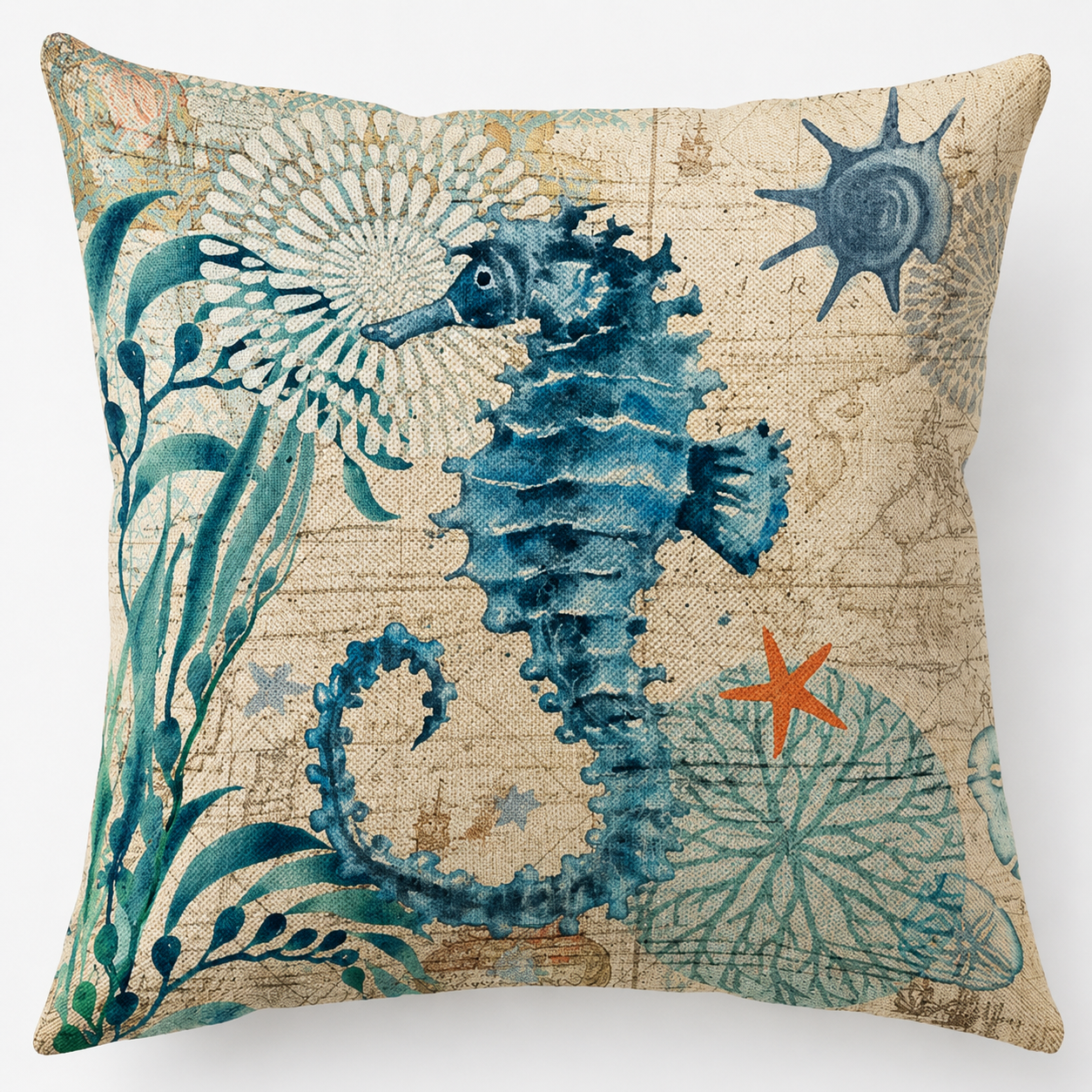 Vintage Seahorse Coastal Pillow Cover