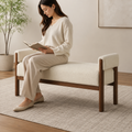 Cream Bouclé Wooden Bench - Front
