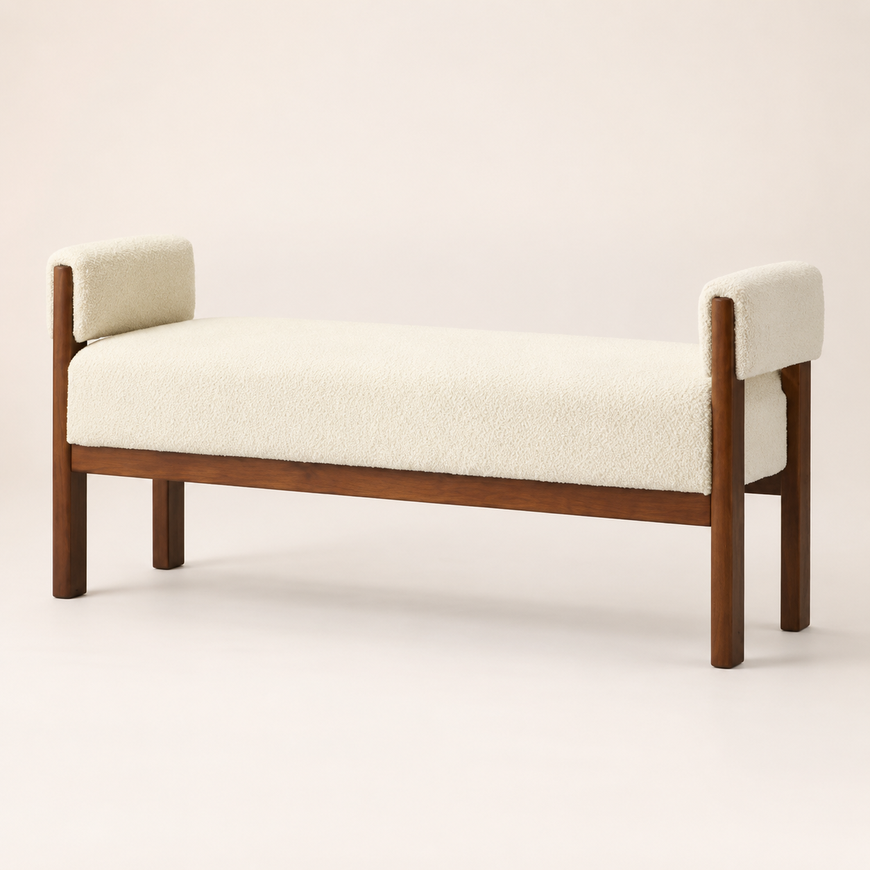 Cream Bouclé Wooden Bench